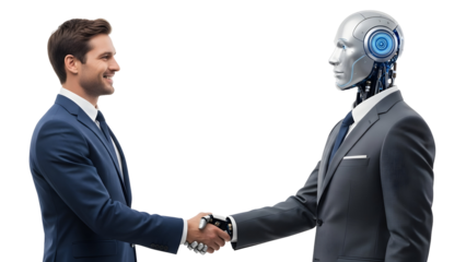 Robot and businessman shaking hands in a modern office, symbolizing future collaboration and technology