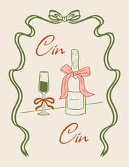 Poster with champagne and a glass with a bow in aesthetics of the La Dolce Vita Cin Cin. Vector illustration for a banner, flyer, or card in an elegant coquette style.