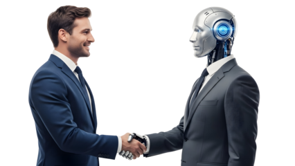 Businessman shaking hands with a sophisticated robot, representing artificial intelligence in business and technology