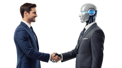Businessmen shaking hands with a humanoid robot, symbolizing artificial intelligence in corporate collaboration and innovation