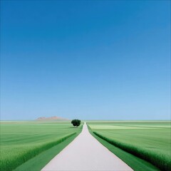 Road Leading to Tree in Green Field Under Blue Sky