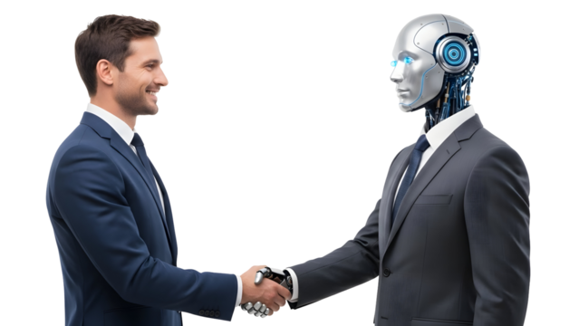 Businessmen shaking hands with a sophisticated robot, symbolizing technological collaboration