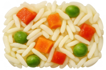 Orzo pasta with peas and carrots forming an oval shape on transparent background, showcasing healthy ingredient mix