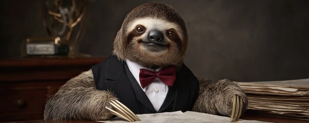 Naklejka premium A dapper sloth in a suit and bow tie sits at a desk, exuding charm and personality amidst stacks of papers.