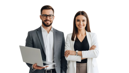 Two Confident Business Professionals Holding a Laptop and Smiling