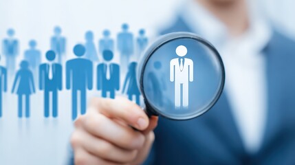 A person holds a magnifying glass, focusing on a figure among a crowd, symbolizing analysis, selection, or recruitment in a professional context.