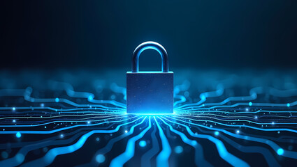 Cyber Security Padlock on Digital Circuit Board. Data Protection and Network Safety Concept. Glowing Blue Lock Symbolizing Internet Privacy and Information Security.
