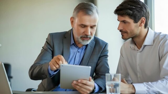 Senior and junior business colleagues reviewing data on a tablet device during a meeting