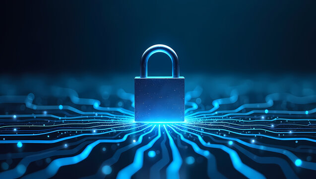 Cyber Security Padlock on Digital Circuit Board. Data Protection and Network Safety Concept. Glowing Blue Lock Symbolizing Internet Privacy and Information Security. - Powered by Adobe