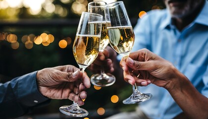 Close up of diverse hands clinking champagne flutes filled with sparkling wine outdoors