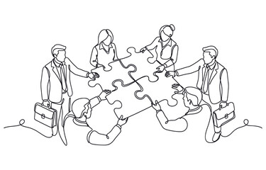 Single continuous line drawing of two young businessmen push puzzle pieces to unite it. Modern unity teamwork concept single line draw design vector illustration
