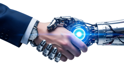 Human hand shaking robot hand, representing artificial intelligence and future business collaboration