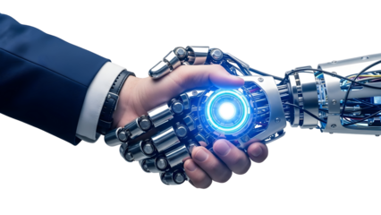 Human handshake with a robotic arm, symbolizing partnership, innovation, and the future of technology