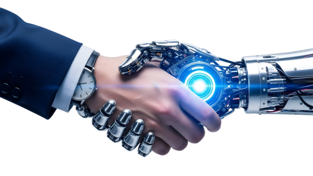 Human hand shaking robot hand, representing artificial intelligence and future business collaboration - Powered by Adobe