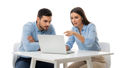 A Man and Woman Collaborate on a Laptop at a White Table, Isolated on a White Background