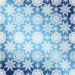 A beautiful winter background featuring an intricate pattern of white snowflakes on a gradient blue backdrop, evoking a festive and cold season.