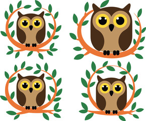 Cute cartoon owl illustrations sitting on branches and wreaths with leaves in simple colorful vector style for nature and kids designs