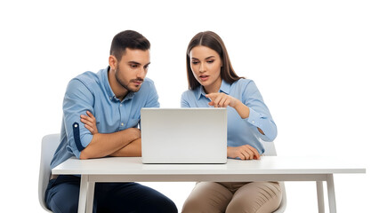 Two focused colleagues collaborate on a project, reviewing data on a laptop together