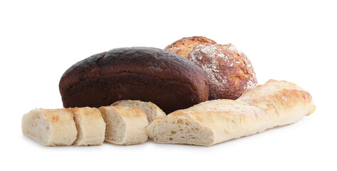 Different types of bread loaves isolated on white