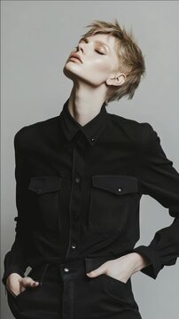 A woman wearing a black shirt and black pants. She is standing with her hands in her pockets