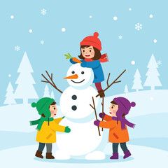 Children building a snowman in a snowy winter landscape, enjoying the cold weather.