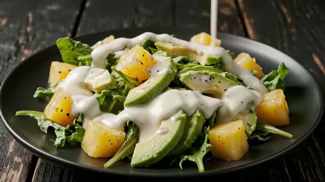 Fresh salads with mixed greens, creamy avocado slices, and sweet pineapples perfectly arranged on modern tableware, captured in a stylish still life composition for commercial use cases such as.