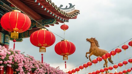 Red lanterns and horse decoration on chinese new year