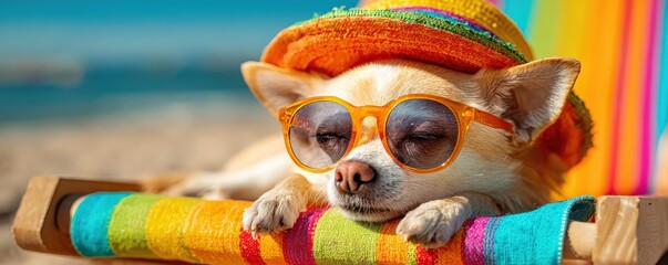 A relaxed dog wearing sunglasses and a colorful hat lounges on a beach chair under the sun, exuding a carefree, summery vibe.