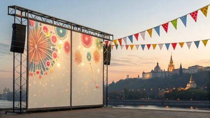 Outdoor celebration with fireworks banner and colorful decorations