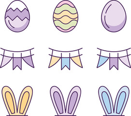 Cute pastel Easter illustration set with eggs, bunny ears and festive bunting, adorable spring holiday graphics for celebration,