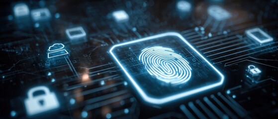 A futuristic digital fingerprint surrounded by security icons, representing biometric authentication and advanced technology in cybersecurity.