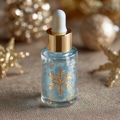 A close-up showcases a beautifully crafted glass bottle with a delicate snowflake design, filled with a shimmering essence