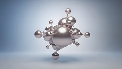 Abstract metallic sphere cluster with interconnected nodes and geometric symmetry on a smooth reflective surface