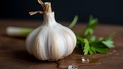 Single Garlic Bulb with Parsley and Water Droplets