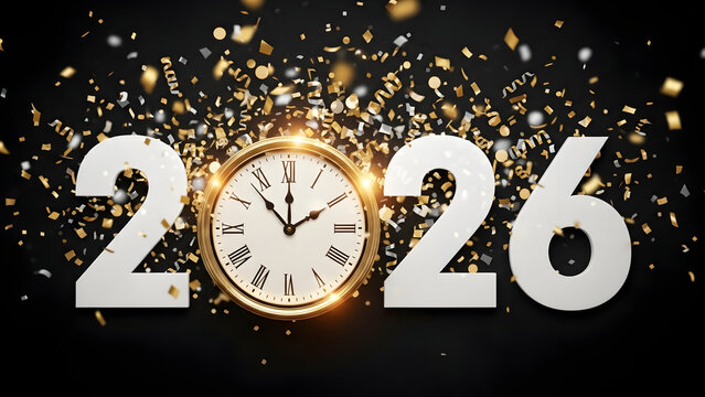 Celebrating the new year 2026 with a glowing clock and sparkling gold confetti on black background