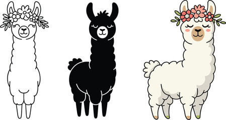 Fototapeta premium Cute stylized llama illustrations with floral crowns, black and white alpaca designs, adorable cartoon farm animals for coloring and decoration
