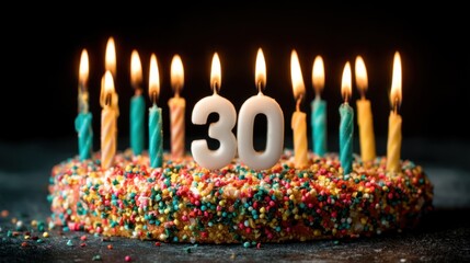 A beautifully decorated birthday cake features bright sprinkles and candles with the number thirty displayed prominently. The cake creates a festive atmosphere for a special celebration.