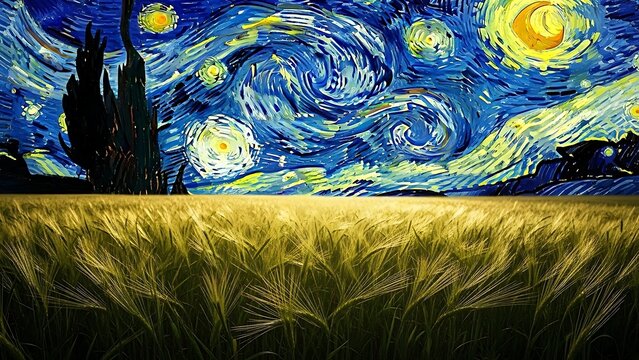 Surreal post-impressionist style artwork of a farm field under a celestial whirlwind sky