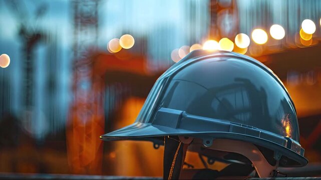 A blue-gray hard hat rests in the foreground against a blurred industrial background with warm out-of-focus lights at twilight
