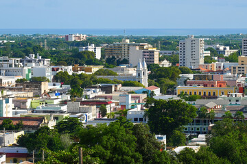 Obraz premium Aerial view of the Catedral de Guadalupe in Ponce's historic Plaza Las Delicias, Puerto Rico