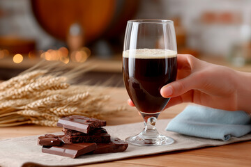 Hand holding dark beer glass with chocolate and wheat