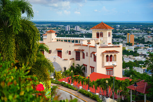Aerial view of Castillo Serrall&eacute;s, a historic mansion built on El Vigia Hill overlooking the city of Ponce in Puerto Rico in the Caribbean