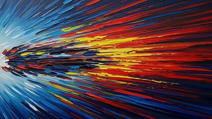 Dynamic abstract art featuring a radiant burst of textured oil paint in bold primary colors