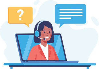 Vector art of female customer service agent with headset providing online support through a laptop computer