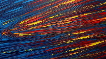Abstract textured background of energetic brush strokes in blue, red, and yellow