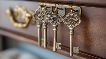 A close-up of ornate antique keys hanging on a wooden drawer, highlighting their intricate designs and metallic sheen.