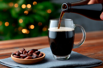 Pouring dark chocolate beer with cocoa beans