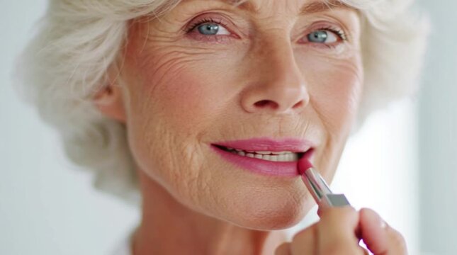 Elderly woman applying pink lipstick. She has light skin, blue eyes, and soft gray hair, with a gentle smile as she carefully applies makeup on natural skin texture, fine wrinkles