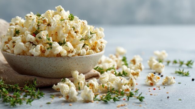 A bowl filled with fluffy popcorn sits on a light countertop surrounded by fresh herbs and scattered popcorn. This scene captures a relaxed moment perfect for sharing snacks. - Powered by Adobe