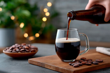 Pouring dark craft beer with cocoa beans